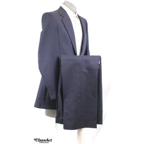 Pierre Cardin 2 Piece Suit Mens Blue Striped 2 Btn 40L Flat Fronts 36" Waist - Picture 1 of 9